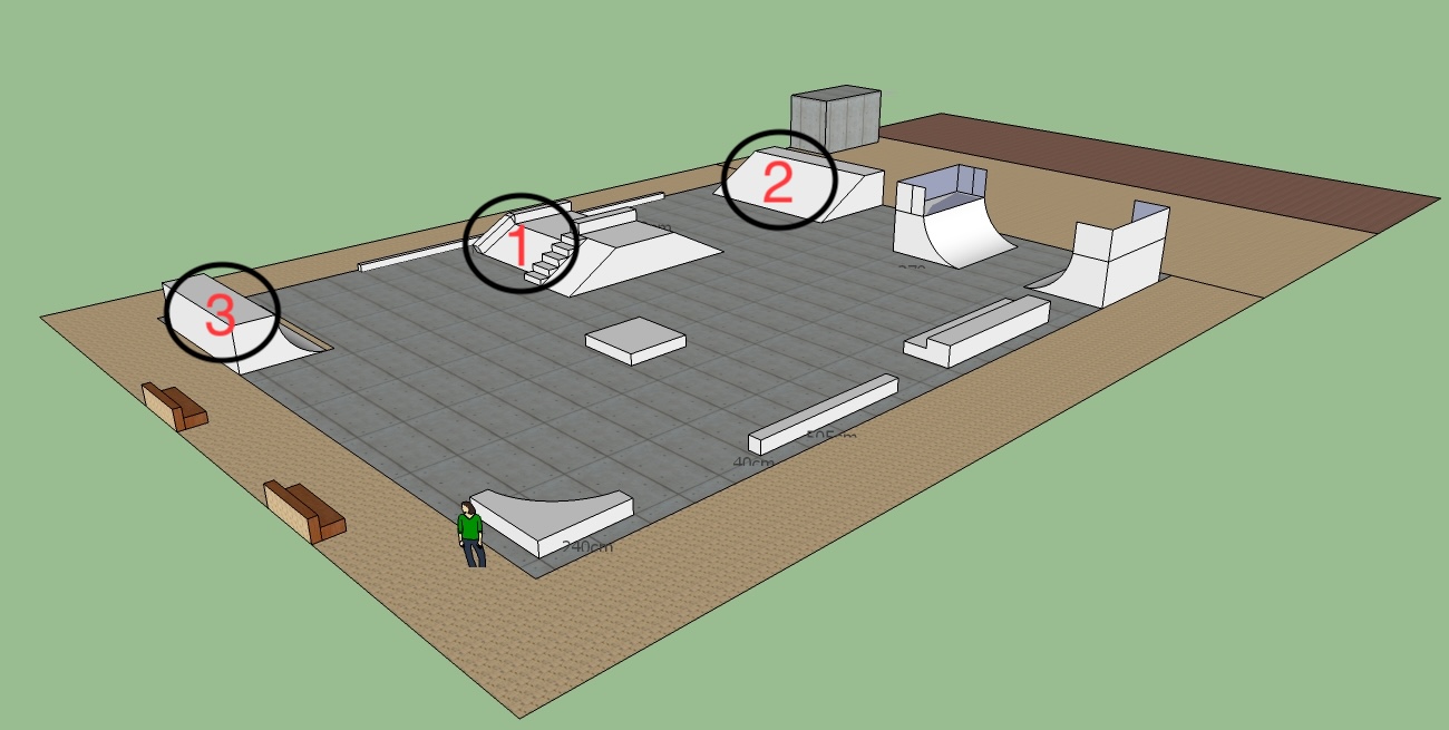 Plan du skatepark avec les modules 1, 2 et 3 numérotés